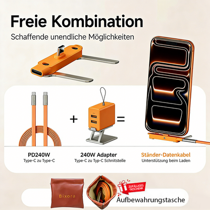 Tinycarry® 240W SuperCharge 360° drehbare unsichtbare Halterung, abnehmbares 2‑in‑1 Ladekabel, Zinklegierung & Silikon, Type‑C Kabel, kompatibel mit Apple und Samsung, unverzichtbar für Gaming, Büro und Auto