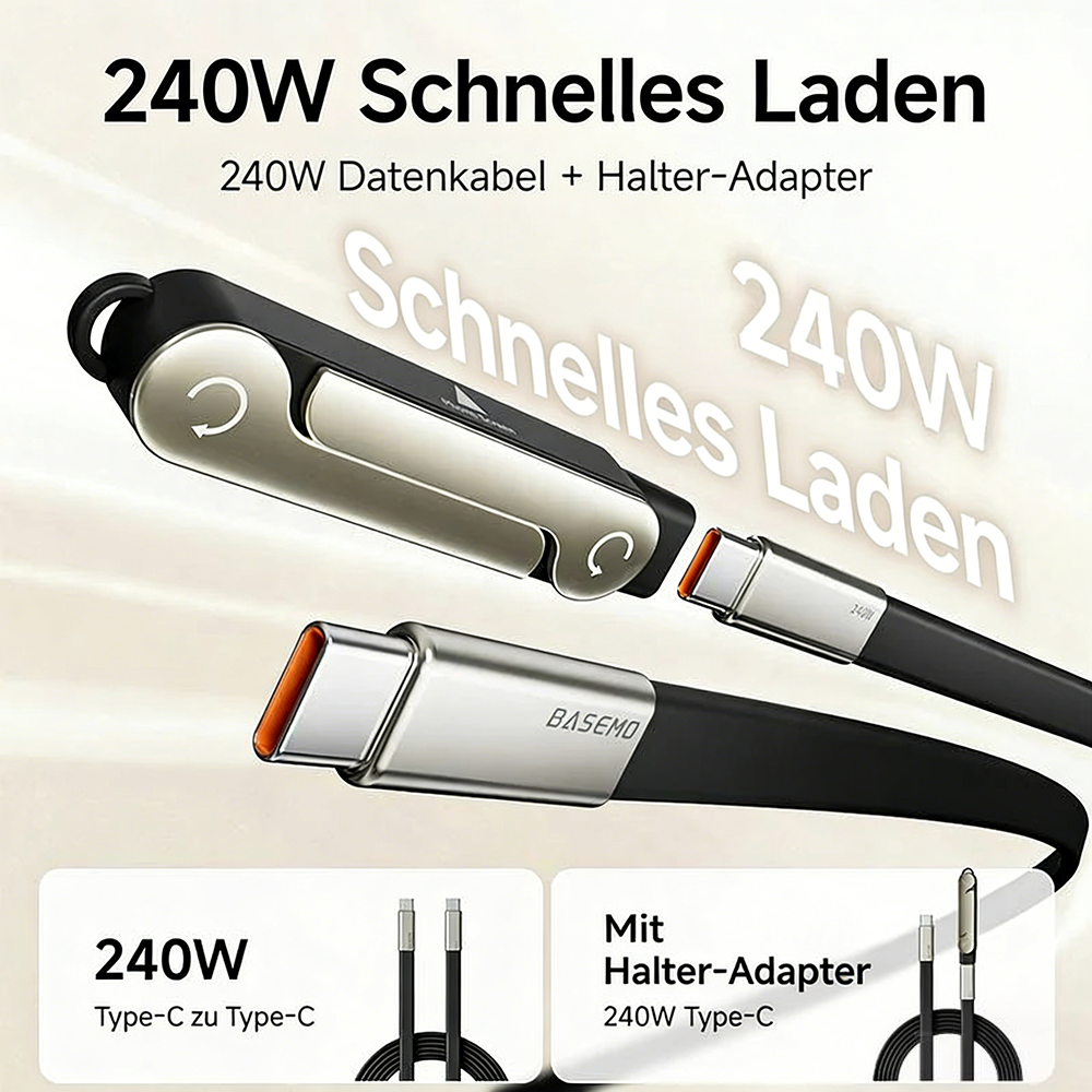 Tinycarry® 240W SuperCharge 360° drehbare unsichtbare Halterung, abnehmbares 2‑in‑1 Ladekabel, Zinklegierung & Silikon, Type‑C Kabel, kompatibel mit Apple und Samsung, unverzichtbar für Gaming, Büro und Auto