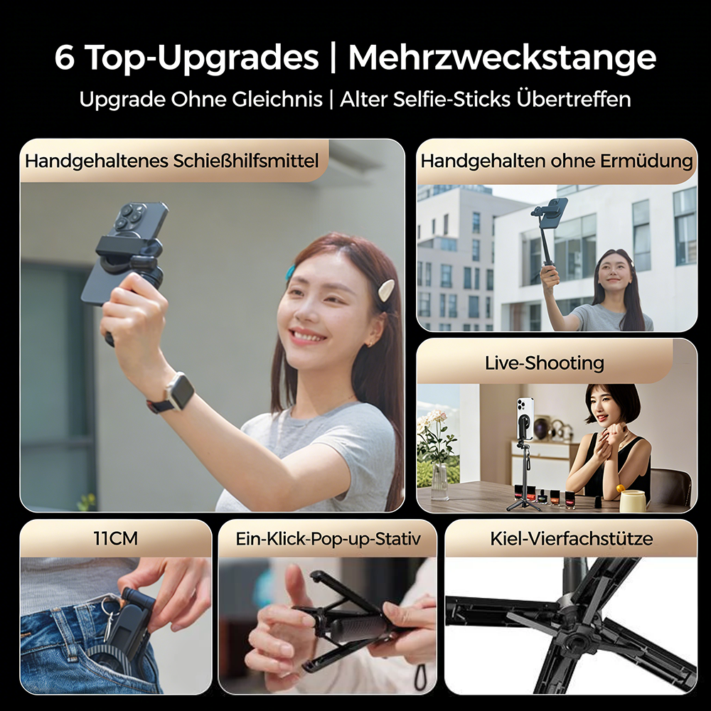 Tinycarry® 2026 Neuheit: 4-in-1 multifunktionaler magnetischer Mini-Selfie-Stick, 360° drehbar, kompakt modern, kabellose Bluetooth Steuerung, magnetische Smartphone Halterung