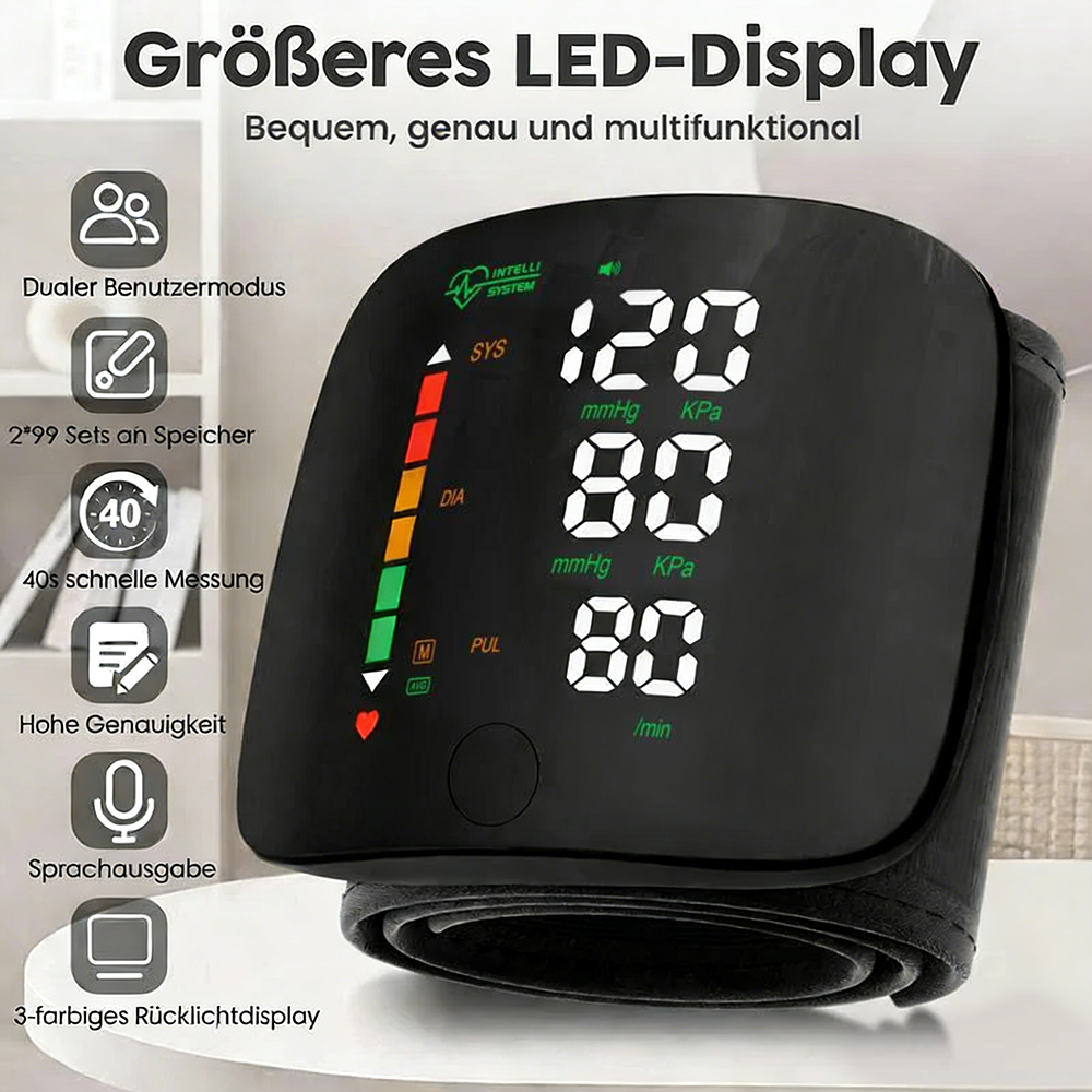 Tinycarry® Wiederaufladbares Handgelenk-Blutdruckmessgerät mit LED-Touchscreen, Sprachausgabe und 99x2 Speicher — Einfache und genaue Blutdruckverfolgung zu Hause