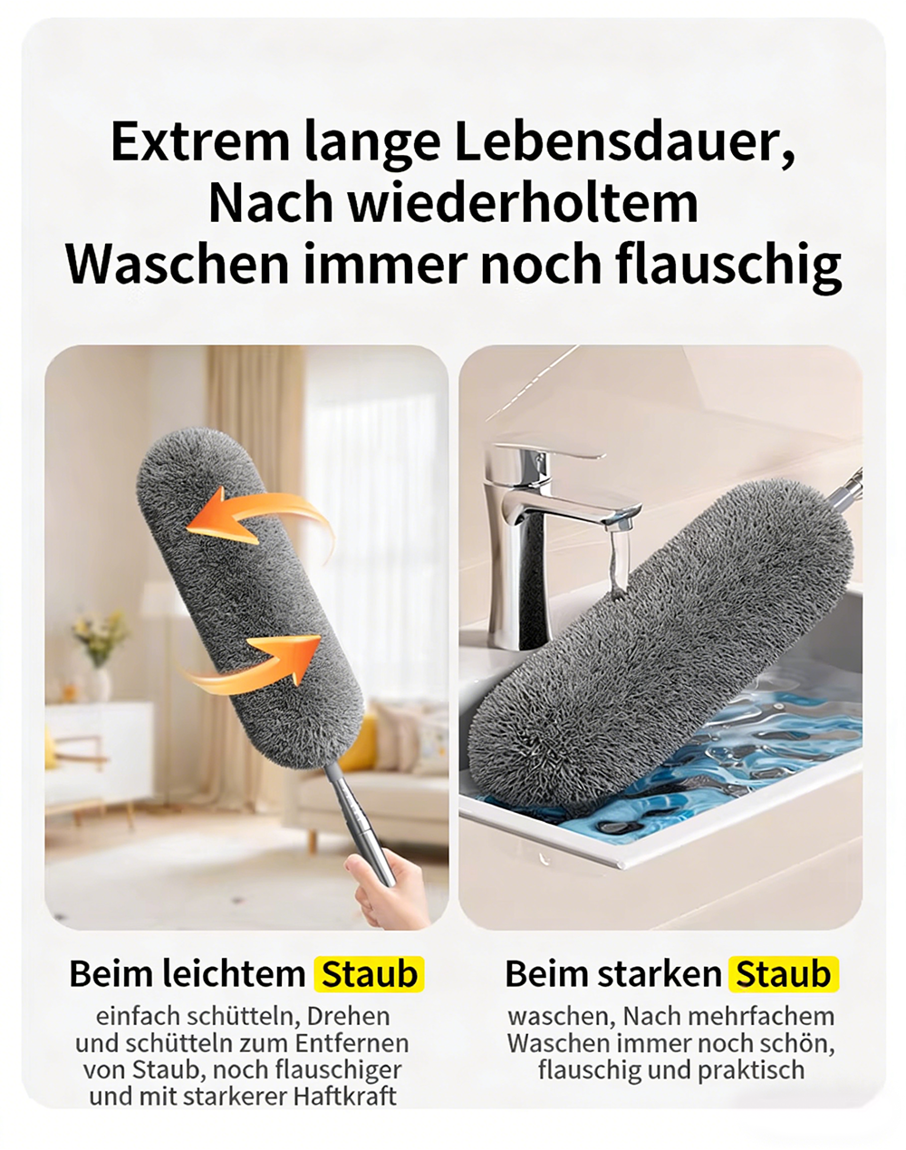 Ausziehbarer Mikrofaser-Federstaubwedel | 110 Zoll extra langer Stiel + biegsamer Kopf